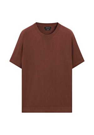 T-shirt di cotone marrone con maniche corte, scollo rotondo, vestibilità dritta e texture liscia; senza loghi o motivi visibili.