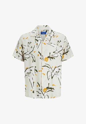 Kurzarmhemd aus hellcremigem Stoff mit einem floralen Muster in Grün und Gelb, mit einem Kragen und Knopfverschluss.