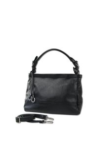 Sac à main en cuir noir avec une finition texturée, doté d'une anse arrondie et d'une bandoulière ajustable, accents en métal argenté.