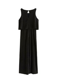 Czarny kombinezon wykonany z miękkiego materiału, z bezrękawowym krojem, wielowarstwowym wierzchem i zapięciem w kształcie łezki z tyłu. Gładka tekstura z eleganckim układem.