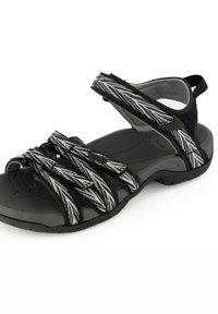 Black sandal with woven black and gray straps, cushioned footbed, and adjustable hook-and-loop closures; textured rubber sole for grip.