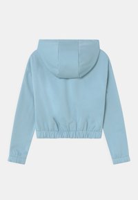 Przycięty hoodie w jasnoniebieskim materiale o gładkiej fakturze, z kapturem oraz elastycznym wykończeniem dołu i mankietów, co zapewnia dopasowany wygląd.