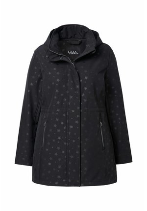 Černá středně dlouhá bunda s jemným hvězdicovým vzorem, přední zip a patenty, kapuce a postranní kapsy na zip.