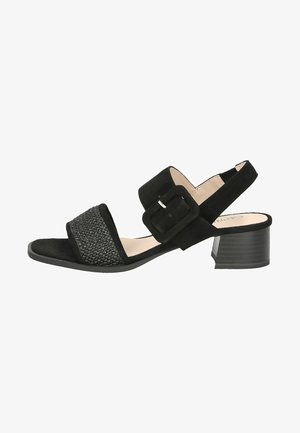 Schwarze Sandalen mit einem strukturierten Vorderriemen, glattem Wildledermaterial, einem Knöriemen mit quadratischer Schnalle und einem niedrigen Blockabsatz.