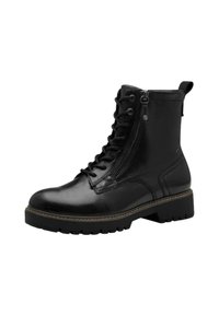 Bottes noires en cuir à lacets, avec fermeture éclair sur le côté, finition texturée et semelle en caoutchouc épaisse avec des accents de marron clair.