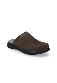Brown leather slip-on clog with a smooth finish, contrasting black rubber sole, and subtle stitching detail on the upper edge.