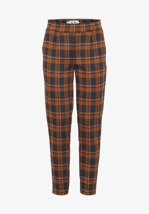 Pantalons à carreaux avec un fond bleu foncé et des motifs à carreaux orange et blanc. Fabriqués en tissu doux avec une coupe droite.