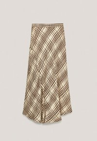 Beige skirt with a brown grid pattern, A-line shape, mid-length, lightweight fabric, features a smooth texture and a simple waistband.