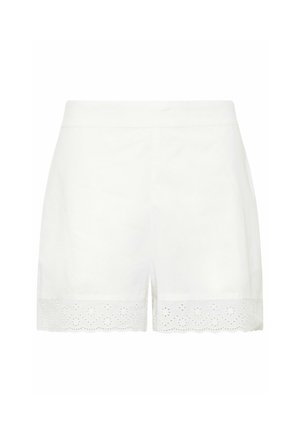Shorts blancs pour femmes avec taille haute et détails en dentelle à oeillets le long de l'ourlet, présentés sur un fond blanc uni.