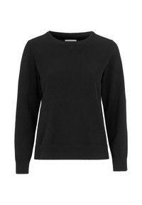 Musta pitkähihainen pusero, jossa on pyöreä pääntie sekä resorit hihansuissa, helmassa ja pääntiessä, esitetty valkoista taustaa vasten.