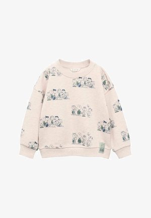 Felpa beige per bambini con stampa a tutto campo dei personaggi dei Peanuts in nero e verde, con polsini e orlo a costine.