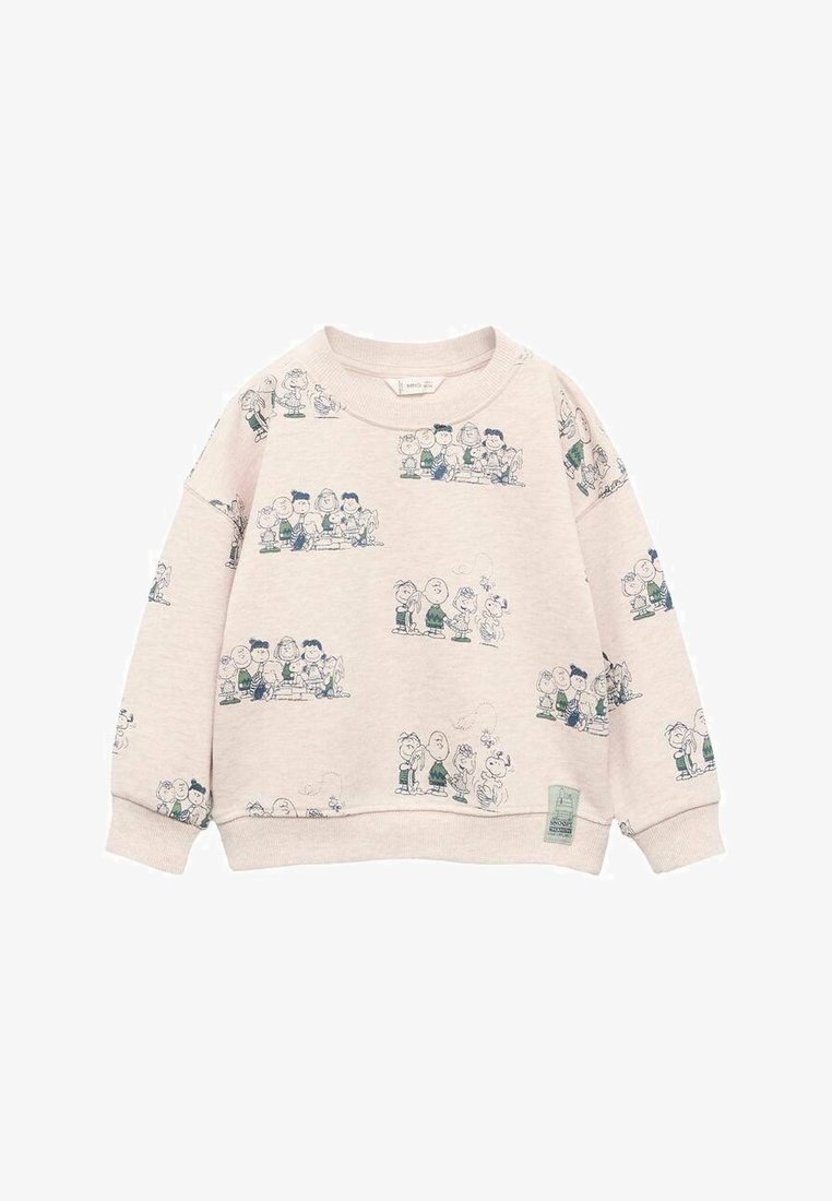 Felpa beige per bambini con stampa a tutto campo dei personaggi dei Peanuts in nero e verde, con polsini e orlo a costine.