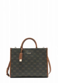 Sac à main à motifs marron et vert avec poignées supérieures et bandoulière amovible, orné d'un détail logo doré et d'une texture lisse.