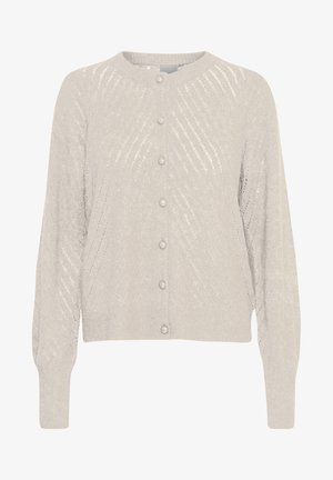 Hellbeige Strickjacke mit strukturiertem Muster, runder Ausschnitt und Perlenknöpfen auf der Vorderseite. Lange, leicht puffige Ärmel.