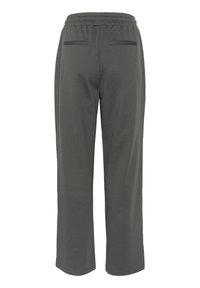 Grå, brede sweatpants med elastisk talje, udstyret med to baglommer og en glat, blød tekstur.