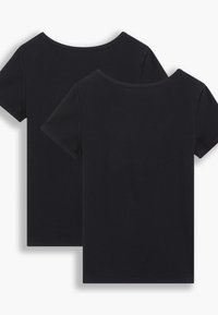 Black cotton T-shirts with short sleeves, round necklines, and a simple design. Two identical shirts are shown back-to-back.