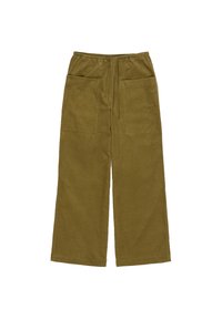 Pantalones de pierna ancha en verde oliva, hechos de una tela texturizada; cuentan con una cintura elástica con cordón y dos bolsillos frontales.
