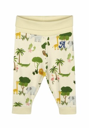 Helles, gelbes Baumwoll-Leggings mit einem verspielten Tierdruck, der Giraffen, Elefanten und Palmen umfasst, ausgestattet mit einem gerippten Bund.