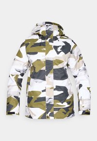 Zöld, szürke és fehér színek keverékéből készült álcázó dzseki. Kapucnival, teljes hosszúságú cipzárral és elasztikus mandzsettával rendelkezik. Vízhatlan anyag.