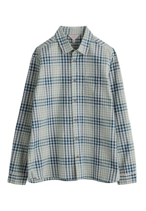 Langärmeliges Hemd mit Knöpfen vorn, blau-grün kariertem Muster, spitzem Kragen und Brusttasche vorne.