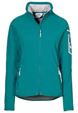 Kurtka na zamek w kolorze morskim, z wysokim kołnierzem, dwoma przednimi kieszeniami na zamek oraz kieszenią na zamek na lewym rękawie, rozmiar średni.