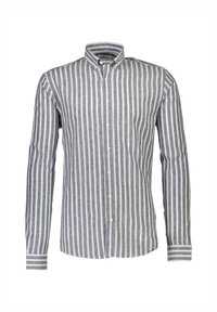 Camisa de manga larga de botones con rayas verticales azules y blancas, hecha de lino. Presenta un cuello con solapa y puños de botón.