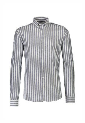 Camicia a maniche lunghe con bottoni, a righe verticali blu e bianche, realizzata in lino. Presenta un colletto e polsini con bottoni.