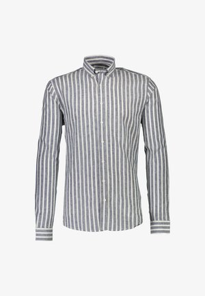 Langärmliges Button-Down-Hemd mit blauen und weißen vertikalen Streifen, aus Leinen gefertigt. Verfügt über einen Kragen und Knopfmanschetten.