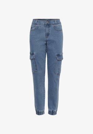 Blue denim cargo pants with elastic cuffs, front and side flap pockets, and button closure at the waist.