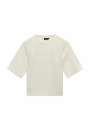 Korte mouwen, crèmekleurig T-shirt van zacht materiaal. Heeft een ronde halslijn en een losse pasvorm. Geen patronen of accenten zichtbaar.