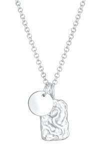 Silver necklace with a textured, irregularly shaped pendant and a smooth circular charm attached to a linked chain.