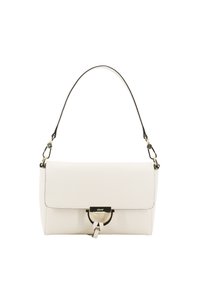 White leather handbag with a flap closure, featuring a round metal hardware accent and a detachable shoulder strap. Smooth texture.