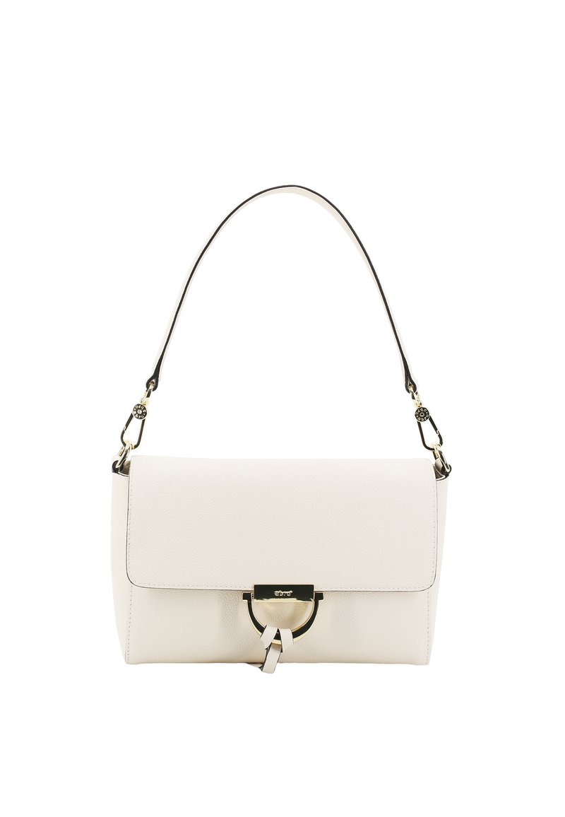 White leather handbag with a flap closure, featuring a round metal hardware accent and a detachable shoulder strap. Smooth texture.