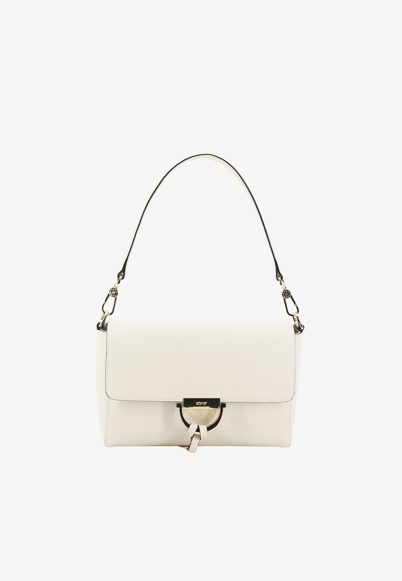 White leather handbag with a flap closure, featuring a round metal hardware accent and a detachable shoulder strap. Smooth texture.