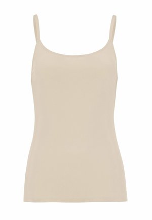 Beiger eng anliegender Camisole-Top mit dünnen verstellbaren Schulterträgern, glattem Stoff und einem geraden Ausschnitt.