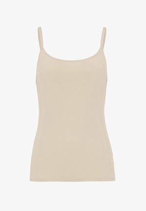 Beige tætsiddende camisoletop med tynde justerbare skulderstropper, glat stof og en lige halsudskæring.