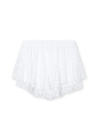 Shorts bianchi in pizzo con un design a strati e volant, dotati di una vita elastica e un delicato motivo floreale su tutta la superficie.