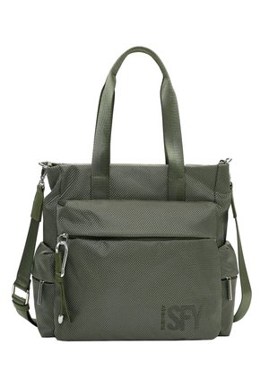Borsa tote verde oliva con texture, doppi manici, tracolla regolabile, tasca frontale con zip, tasche laterali e dettagli con cerniere in tono argento.