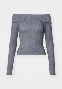Tume meresinine off-the-shoulder pika varrukaga topp valgete vertikaalsete triipudega. Üksikasjalik disain, soonilised tekstuur ja lühendatud pikkus.