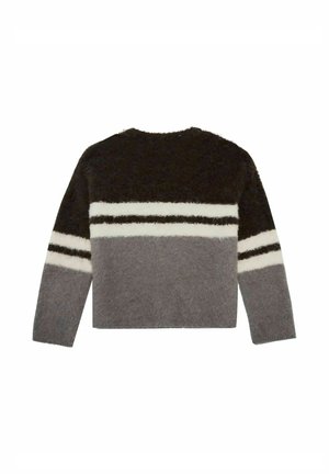 Flauschiger Strickpullover in Brauntönen, Grau und Weiß. Hat eine kastige Form und farblich unterbrochene Streifen über die Hüfte und die Ärmel.