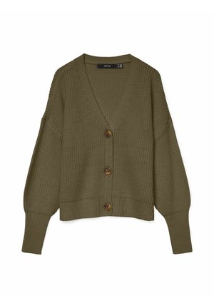 Cardigan lavorato a maglia verde oliva con scollo a V, maniche lunghe a sbuffo e quattro bottoni marroni sul davanti. Motivo testurizzato su tutta la superficie.