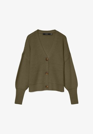 Cardigan lavorato a maglia verde oliva con scollo a V, maniche lunghe a sbuffo e quattro bottoni marroni sul davanti. Motivo testurizzato su tutta la superficie.