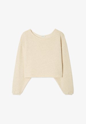 Beige cropped pullover sweatshirt. Blød tekstur, bred udskæring og droppede skuldre. Ru kant ved kanten og manchetter. Lett stof.