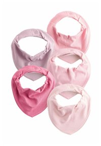 Penki minkšti medvilniniai bandanos tipo seilinukai, įvairių rožinės ir levandų atspalvių. Turi spaustuko užsegimą ir trikampio formos dizainą.