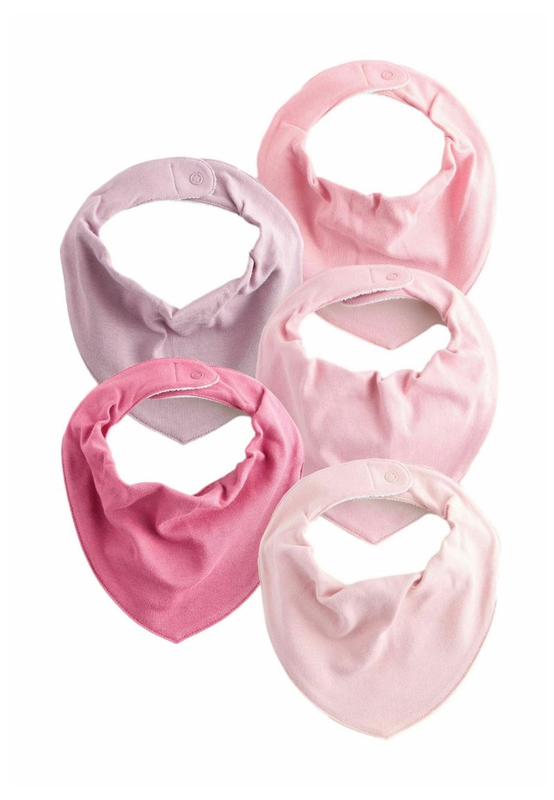 Penki minkšti medvilniniai bandanos tipo seilinukai, įvairių rožinės ir levandų atspalvių. Turi spaustuko užsegimą ir trikampio formos dizainą.