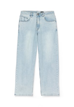 Hellblaue Jeans mit geradem Bein, hoher Taille, vorderer Knopfleiste, Reißverschluss und Fünf-Taschen-Design.