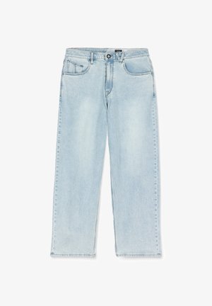 Hellblaue Jeans mit geradem Bein, hoher Taille, vorderer Knopfleiste, Reißverschluss und Fünf-Taschen-Design.
