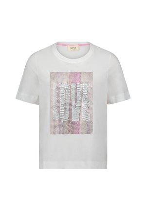 Witte T-shirt met korte mouwen van katoen, met een groot glinsterend "LOVE" ontwerp in een rasterpatroon met paarse en zilveren accenten.
