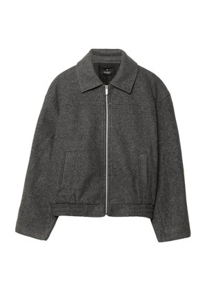 Veste grise en mélange de laine avec une coupe droite, grand col, fermeture éclair sur le devant et deux poches latérales. Équipée d'une taille élastiquée et d'un tissu texturé.