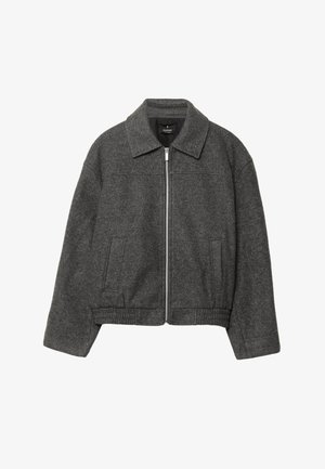 Grau melierte Wollmischung jacke mit geradem Schnitt, großem Kragen, Frontreißverschluss und zwei seitlichen Taschen. Mit elastischem Bund und strukturiertem Stoff.